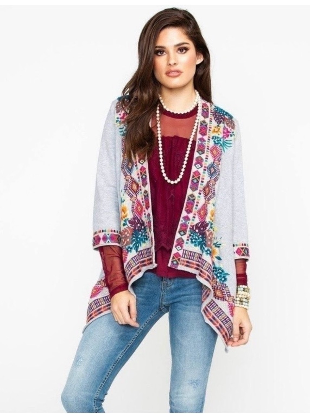 Johnny Was Light Gray Open-Front Embroidered Cardigan with Burgundy Accents
